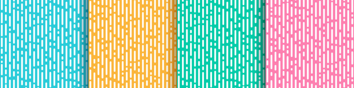 Set of abstract yellow pink green mint and light blue vertical rounded lines transition. Trendy color geometric abstract design. Simple flat pastel pattern style. Vector Illustration
