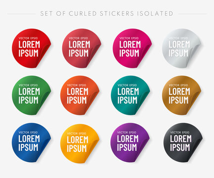 Set of curled round stickers isolated on white background. Simple trendy color icon set.  It can be use for price, promo, adv and etc. Vector illustration.