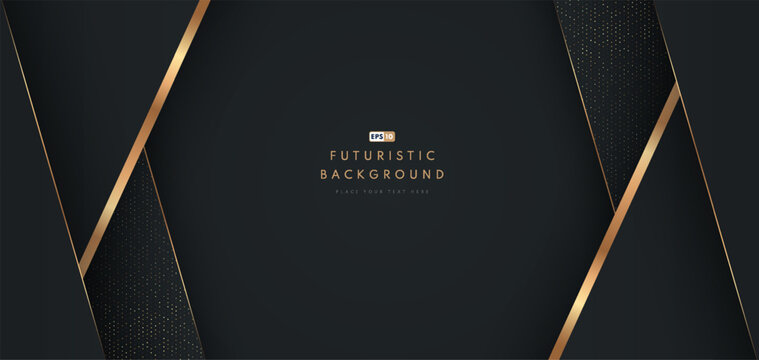 Abstract black geometric shape background with diagonal golden line and glitter texture. Design for presentation, banner, cover, web, flyer, card, poster, game, texture, slide. Vector illustration