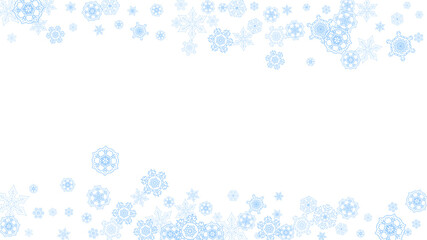 Winter frame with blue snowflakes for Christmas and New Year celebration. Horizontal winter frame on white background  for banners, gift coupons, vouchers, ads, party events. Falling frosty snow.