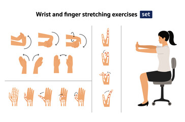 wrist and finger stretching exercises set, woman sit on chair doing self stretching exercise cartoon