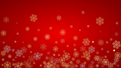 Fototapeta na wymiar Christmas snow on red background. Glitter frame for winter banners, gift coupon, voucher, ads, party event. Santa Claus colors with golden Christmas snow. Horizontal falling snowflakes for holiday