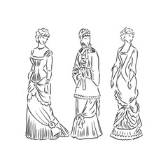 Antique dressed lady. Old fashion vector illustration. Victorian woman in historical dress. Vintage stylized drawing, retro woodcut style