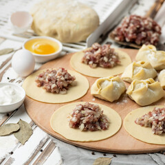 Process of cooking Homemade dumplings. Raw Meat filling on rolling dough circles. Top view. Ingredients and kitchen utensils to create delicious culinary masterpiece. Square format.