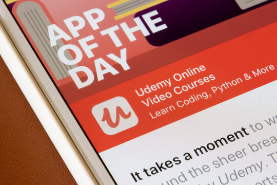 Portland, OR, USA - Mar 6, 2021: Udemy Online Video Courses app is seen in the App Store on an iPhone. Udemy is an online learning platform and teaching marketplace.