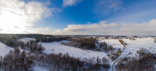 Fototapeta na wymiar Snow-covered field and forest, panorama of winter landscape.