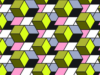 Colorful yellow 3d cube shapes in a repeating pattern with pink and gray shades, geometric vector illustration