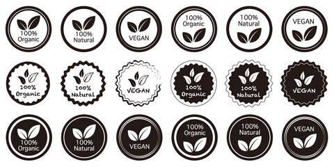 Set of natural product icons, green organic bio vector logo illustration. leaves and texts. Pure eco label stamp for products package and Design. エコラベル、グリーン、オーガニックロゴセット、グリーンラベル