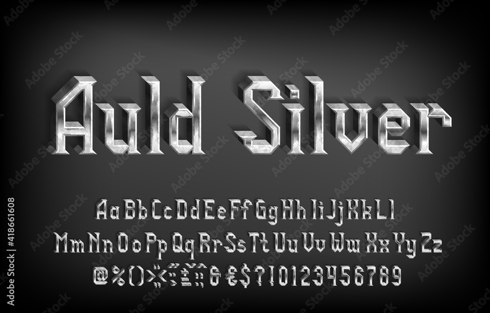 Poster auld silver alphabet font. 3d damaged metal letters, numbers and punctuations. uppercase and lowerca