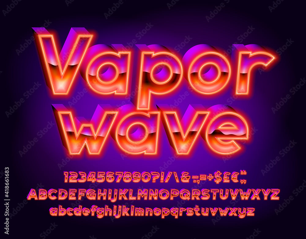 Fototapete vaporwave alphabet font. 3d effect letters, numbers and punctuations. uppercase and lowercase. retro