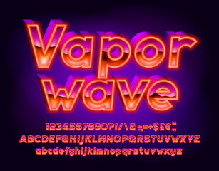 Vaporwave alphabet font. 3D effect letters, numbers and punctuations. Uppercase and lowercase. Retro-futuristic vector typescript for your typography design.