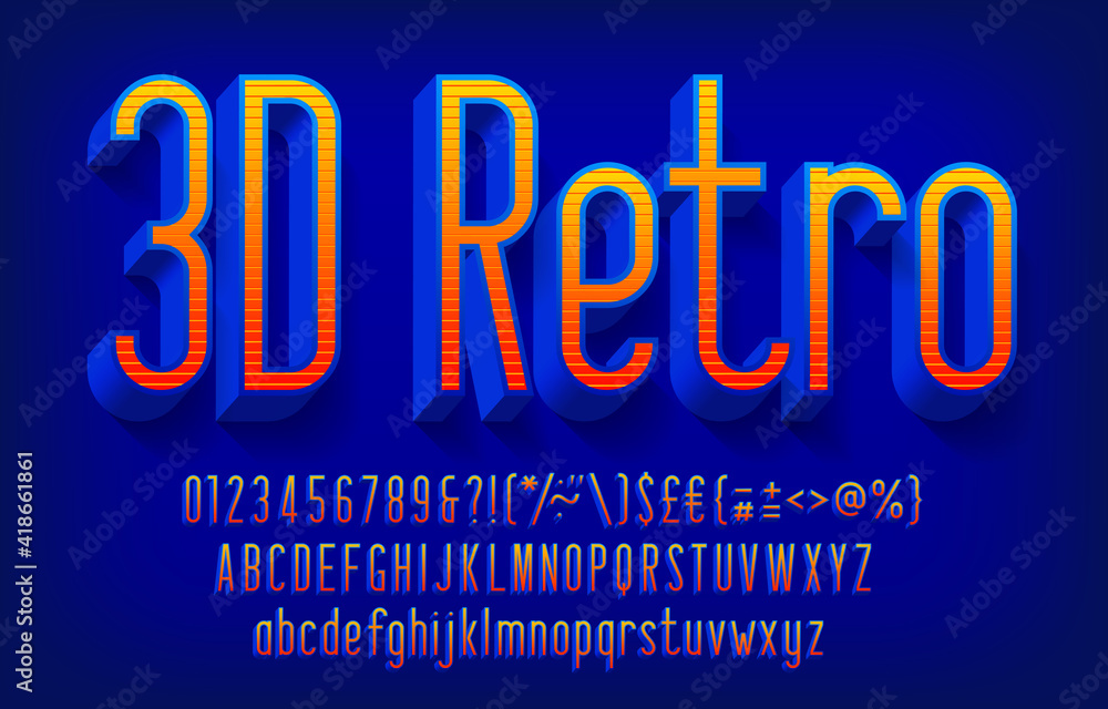 Poster 3d retro alphabet font. narrow letters, numbers and punctuations with shadow. uppercase and lowercas