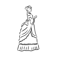 Antique dressed lady. Old fashion vector illustration. Victorian woman in historical dress. Vintage stylized drawing, retro woodcut style