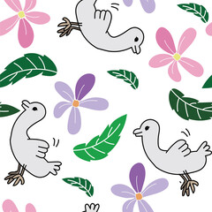 Ducks, flower, leaves Seamless Pattern 