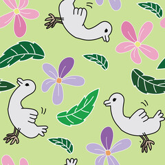 Ducks, flower, leaves Seamless Pattern 