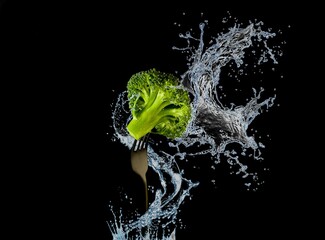 Nutrition and diet food picture with fresh broccoli on fork and water splash isolated on black background