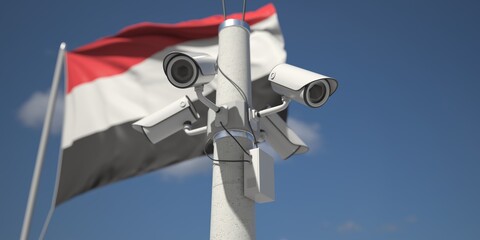 Naklejka na ściany i meble Flag of Yemen and four security cameras, 3d rendering