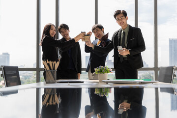 Group of variety lgbtq, man and woman and transgender sex working and drinking coffee together with...