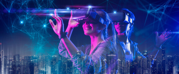 Future digital technology metaverse game and entertainment, Teenager having fun play VR virtual reality goggle, sport game 3D cyber space futuristic neon colorful background, 