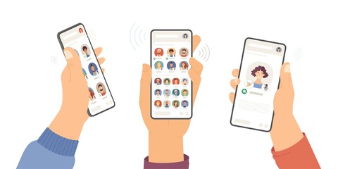 Set of hands holding Clubhouse application on cell phones flat vector illustration isolated on white background. Room with speakers and listeners. Person profile. Women and men cartoon avatars