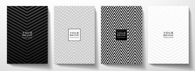 Modern cover, frame design set. Abstract creative line pattern (herringbone ornament) in monochrome black, white color. Formal vector layout for notebook cover, business background, brochure template