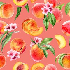 Watercolor seamless pattern peaches with flowers and leaves on a color background.