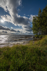 Shore at a large lake in windy conditions and full sun portrait