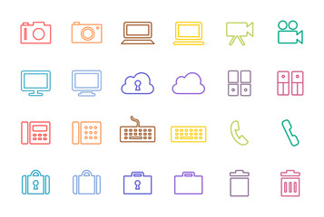 写真,パソコン,ムービー,ディスプレイ,雲,鍵,サーバー,TEL,キーボード,鞄,ゴミ箱のカラフル線画アイコンセット