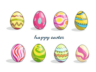 Vector illustrations. A set of Easter eggs with different patterns on a white background. Happy Easter celebration of spring concept.