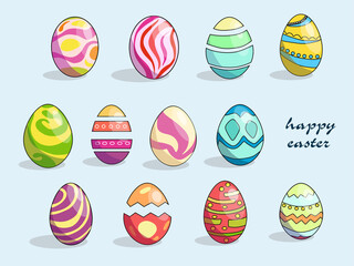 Vector illustrations. A set of Easter eggs with different patterns on a blue background. Happy Easter celebration.