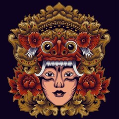 The Beauty of Bali. Barong mask with balinese girl illustration