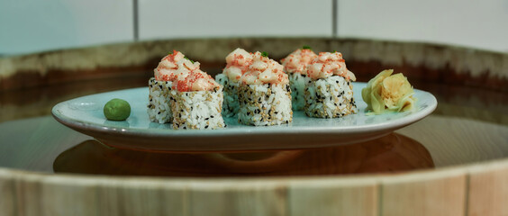 Sushi restaurant food standing on the table