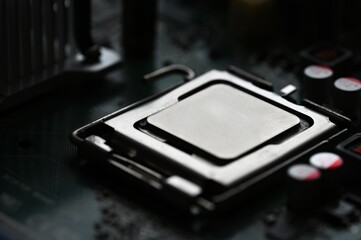 Beautiful technological photo of the processor on the motherboard. Concept for computers and...