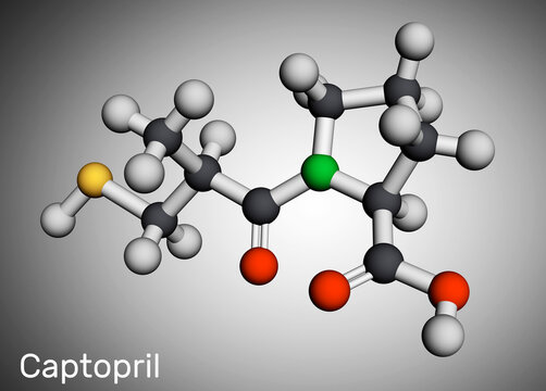 Captopril molecule. It is angiotensin-converting enzyme inhibitor, ACE inhibitor, used in the treatment of hypertension, high blood pressure. Molecular model. 3D rendering