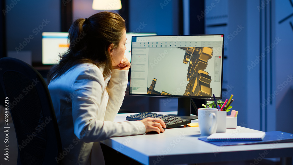 Poster tired woman architect working on modern cad program overtime sitting at desk in start-up office. ind