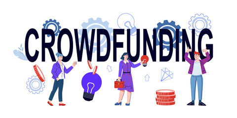 Crowdfunding banner with people have business idea, cartoon vector illustration isolated on background. Investments to startup and funding for new ideas. Innovation and crowdfunding.