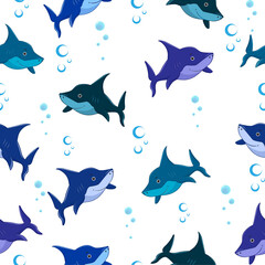 Seamless pattern cartoon shark on a white background. Sharks for toddlers, kids and families. Vector illustration