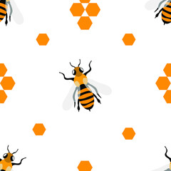 Seamless pattern with cute bees and honeycombs on a white background. For printing on fabrics, paper, textiles, decorative pillows. Vector graphics.