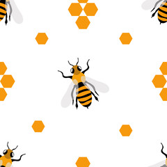 Seamless pattern with cute bees and honeycombs on a white background. For printing on fabrics, paper, textiles, decorative pillows. 