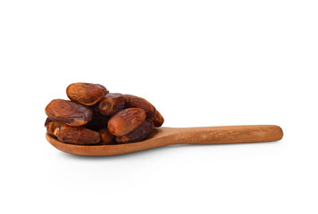 Wooden spoon with dried dates isolated on white background. With clipping path.