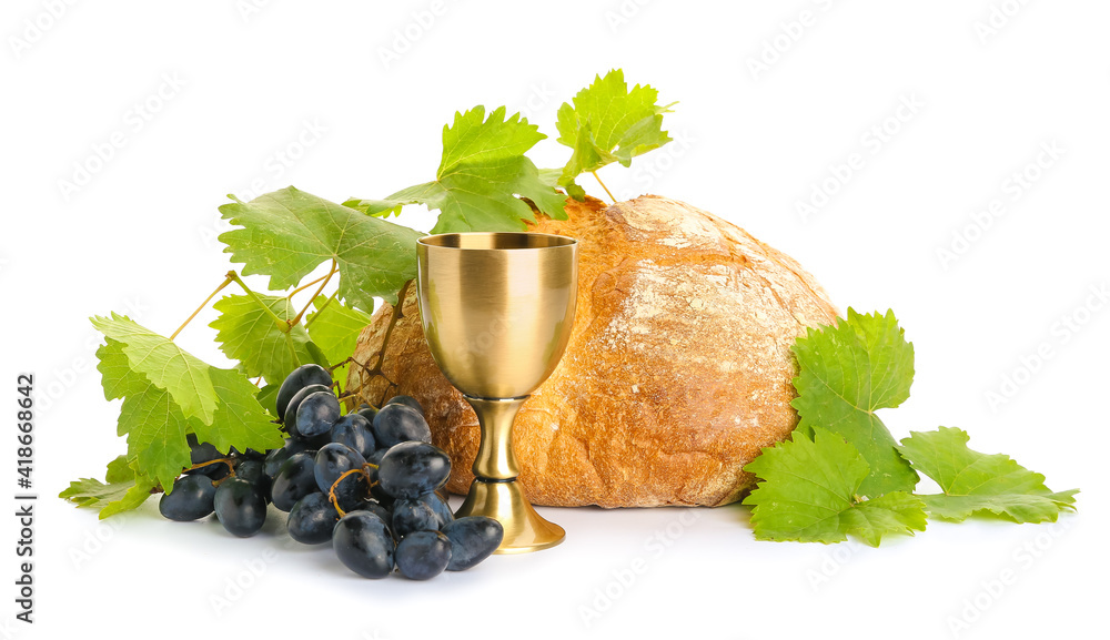 Wall mural Chalice of wine and bread on white background