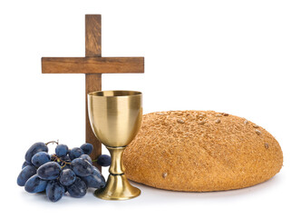 Chalice of wine, cross and bread on white background