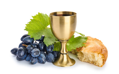 Chalice of wine and bread on white background - obrazy, fototapety, plakaty