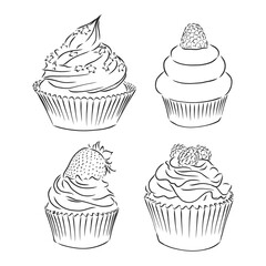Cute cupcakes set isolated on White background. Vector illustration. cupcake vector sketch on a white background
