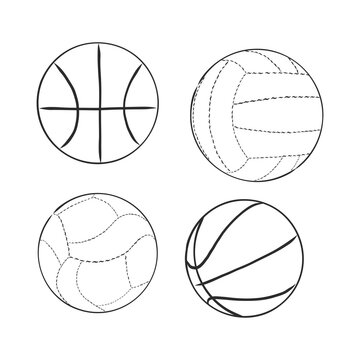 vector sketch illustration - sport balls:, volleyball, basketball,