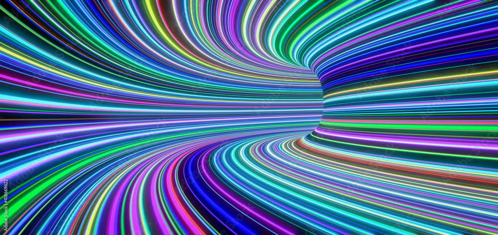 Poster abstract self-luminous colored lines move fast in the tunnel. 3d