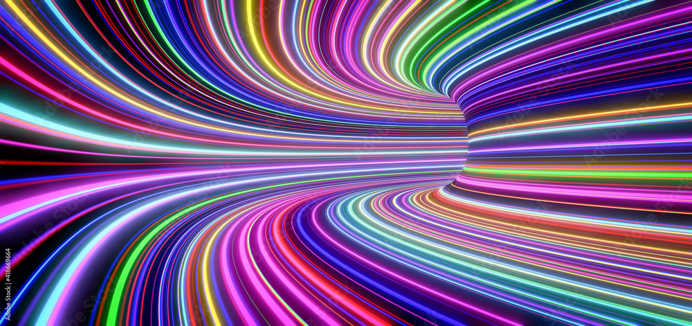 Poster abstract self-luminous colored lines move fast in the tunnel. 3d
