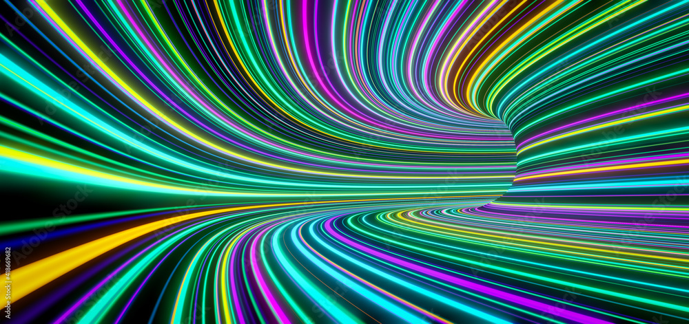 Poster abstract self-luminous colored lines move fast in the tunnel. 3d