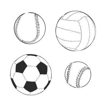 vector sketch illustration - sport balls: football, volleyball, baseball