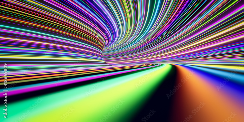 Poster abstract self-luminous colored lines move fast in the tunnel. 3d